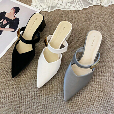 包头粗跟半拖鞋女夏外穿2026新款夏季法式懒人半托女鞋尖头穆勒鞋