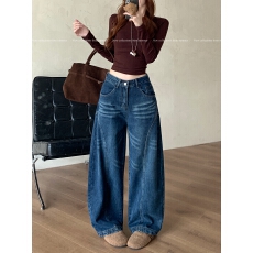 批发实拍~小个子复古高街水洗弯刀<b class='q'>牛仔裤</b>女高腰宽松<b class='q'>显瘦</b>阔腿拖地长裤