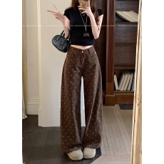 批发实拍~小个子美式复古碎花牛仔裤女高腰宽松显瘦休闲直筒阔腿裤潮