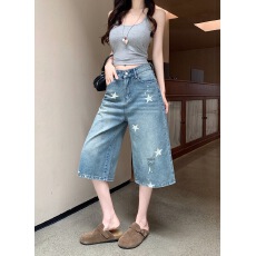 批发实拍~小个子复古做旧星星印花牛仔短裤女高腰显瘦宽松阔腿七分裤