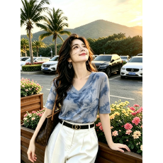 批发妈妈装双层网纱新款复古时尚中袖V领显瘦通勤T上衣