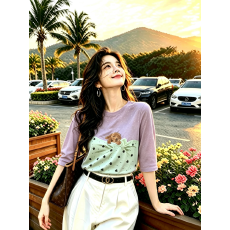 批发中老年女装双层网新款网纱袖中袖上衣女领t恤漂亮时尚修身洋气