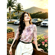 批发中老年妈妈装气质双层网纱高级上档次印花中袖T恤女宽松百搭减龄