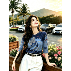 批发双层网纱洋气印花<b class='q'>妈妈装</b>中袖T恤女<b class='q'>夏</b>季百搭显瘦上衣