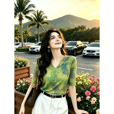 批发双层网纱新款印花中袖T恤女洋气百搭显瘦气质V领中老年女装上衣