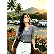 批发双层网妈妈装新款时尚洋气百搭宽松中袖T恤女减龄显瘦中老年上衣