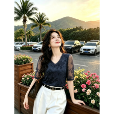 批发妈妈装时髦双层网纱V领中袖上衣女花色外穿洋气百搭小衫