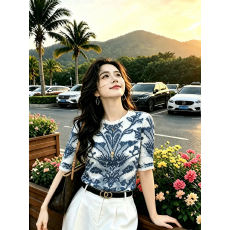 批发妈妈装双层网纱新款青花瓷修身中袖T恤女时尚百搭显瘦