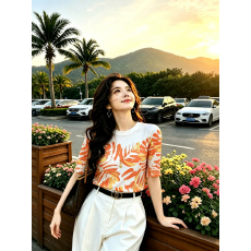 批发妈妈装双层网纱时尚妈妈印花女修身显瘦洋气百搭简约中袖上衣