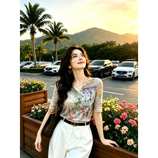 批发双层网纱妈妈装新款时尚V领中袖T恤女气质百搭显瘦中老年上衣