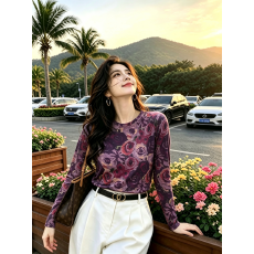 批发妈妈装双层网纱秋季轻熟风印花长袖女新款爆款洋气百搭高档上衣