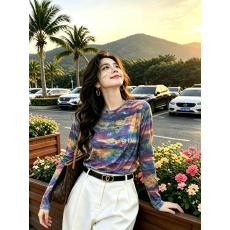 批发妈妈装双层网纱秋季新款时尚圆领长袖T恤女气质百搭显瘦上衣