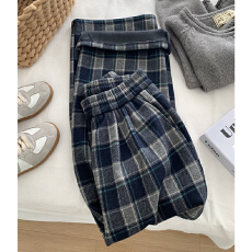 批发薄款/加绒复合超柔 复古格子休闲<b class='q'>裤</b>女秋冬<b class='q'>新款</b>宽松阔腿<b class='q'>裤</b>