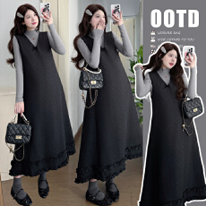 批发现现--孕妇秋冬法式波点木耳边连衣裙+打底衫气质长裙子