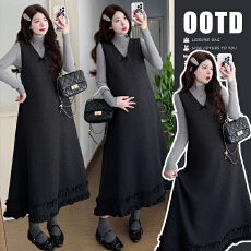 批发现现--孕妇秋冬法式波点木耳边连衣裙+打底衫气质长裙子