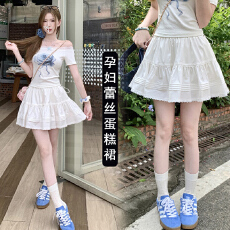 批发孕妇芭蕾风蕾丝拼接蛋糕半身裙女夏季甜美白色高腰a字蓬蓬短裙