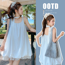 孕妇白色短款纯欲花苞吊带连衣裙女夏季新款清纯小个子时尚娃娃裙