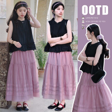 孕妇夏季新款压褶领口褶皱花边下摆背心娃娃衫半身裙套装无袖上衣