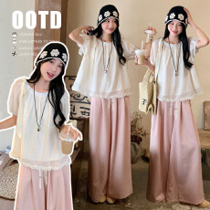 孕妇夏季新款短袖衬衫法式温柔风甜美套装小众拼接木耳边宽松上衣