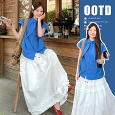 批发孕妇克莱因蓝色蝴蝶结系带短袖衬衫上衣女夏季蛋糕半身裙两件套