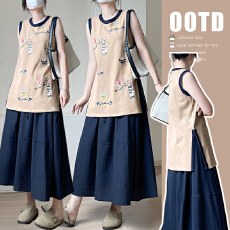 孕妇复古文艺半身裙夏季新款上衣套装宽松百搭中长款A字裙伞裙