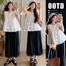 现实拍孕妇白色娃娃衫波点裤套装韩版宽松刺绣减龄背心衬衫上衣