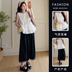 现实拍孕妇白色娃娃衫波点裤套装韩版宽松刺绣减龄背心衬衫上衣