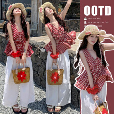 批发孕妇夏季套装V领背心女装春季<b class='q'>修身</b>显瘦褶皱外穿洋气上衣