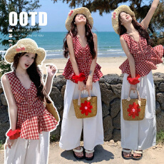 批发孕妇夏季套装V领背心女装春季<b class='q'>修身</b>显瘦褶皱外穿洋气上衣