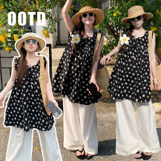 批发<b class='q'>孕妇</b><b class='q'>夏季</b>黑色刺绣碎花小飞袖背心连衣裙纯色裤子套装