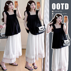 批发实拍现孕妇压褶荷叶边无袖宽松显瘦<b class='q'>娃娃衫</b><b class='q'>蕾丝</b>花边半身裙两件套