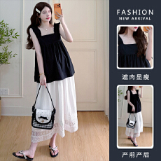 批发实拍现孕妇压褶荷叶边无袖宽松显瘦<b class='q'>娃娃衫</b><b class='q'>蕾丝</b>花边半身裙两件套