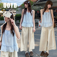 批发孕妇<b class='q'>夏季</b>莱赛尔领口绑带微皱肌理感碎花吊带阔腿裤套装娃娃上衣