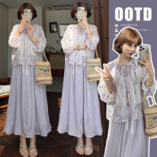 批发孕妇夏季新中式碎花淡紫色防晒上衣+<b class='q'>伞</b>摆流光半身<b class='q'>裙</b>