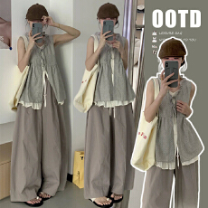 批发孕妇日杂风套装女夏假两件木耳边无袖上衣背心阔腿裤一整套巨好看