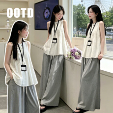 批发<b class='q'>大码</b>韩系穿搭一整套夏季气质设计感系带无袖背心条纹阔腿裤两件套