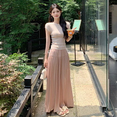 批发现现大码宽松粉色百褶半身裙女夏季显瘦长裙子