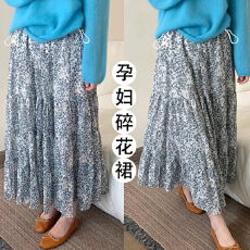 批发现现大码青花瓷色雪纺碎花半身裙夏新款高腰中长款a字百褶半裙子