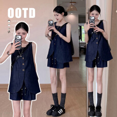 批发大码夏季蓝色仿<b class='q'>牛仔</b>无袖<b class='q'>背心</b>马甲简约宽松休闲短裤套装