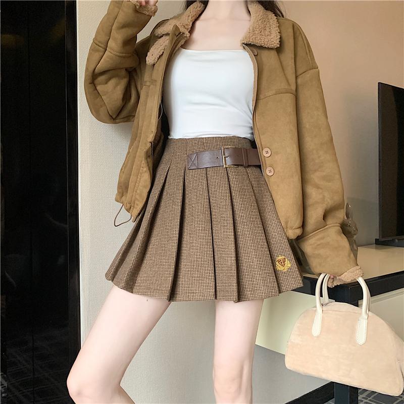 实拍实价 韩系复古高腰半身裙女秋冬新款高级感修身显瘦百褶a字裙