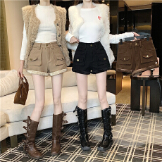 批发实拍实价秋冬季新款复古工装风通勤时尚加绒<b class='q'>卷</b><b class='q'>边</b>高腰<b class='q'>牛仔</b>阔腿裤女