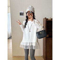 批发设计感下摆拼接花边圆领女2026年春韩版<b class='q'>气质</b>宽松叠穿打底长袖T恤