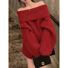 批发法式慵懒风一字肩针织毛衣女春季新款高级感<b class='q'>宽松</b>百搭保暖<b class='q'>上衣</b>女潮