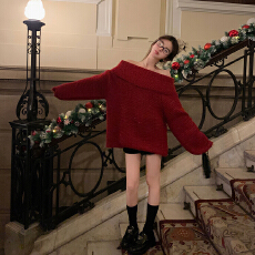 批发陈大钰一字肩圣诞红色中长款针织毛衣女秋冬<b class='q'>宽松</b>慵懒穿搭露肩<b class='q'>上衣</b>