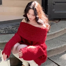 批发新款2025年冬高级感一字肩亮片毛衣女中长款慵懒风<b class='q'>宽松</b>百搭针织衫