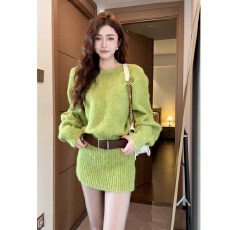 批发送腰带新款法式<b class='q'>露肩</b>慵懒风毛衣<b class='q'>连衣裙</b>独特超好看显瘦收腰包臀裙