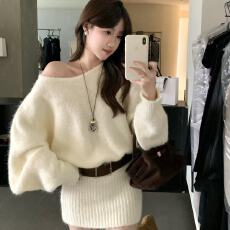 批发送腰带新款法式<b class='q'>露肩</b>慵懒风毛衣<b class='q'>连衣裙</b>独特超好看显瘦收腰包臀裙