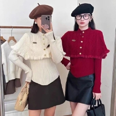 批发<b class='q'>韩国</b>东大门半高领毛衣女设计感小众打底衫斗篷披肩两件套装上衣