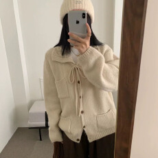 批发韩系简约翻领系带小口袋针织开衫女秋冬新款时尚显瘦百搭休闲<b class='q'>外套</b>