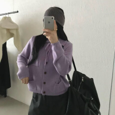 批发韩系简约翻领系带小口袋针织开衫女秋冬新款时尚显瘦百搭休闲<b class='q'>外套</b>